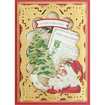 a christmas card with a santa clause and a tree.