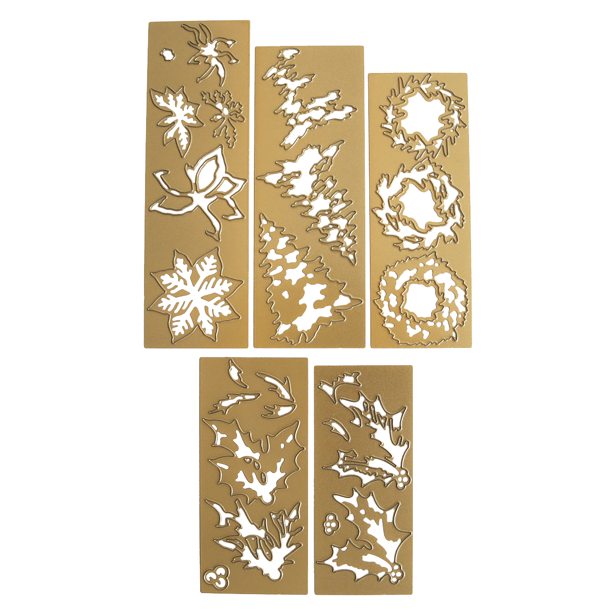 four pieces of gold foil with green and white designs.