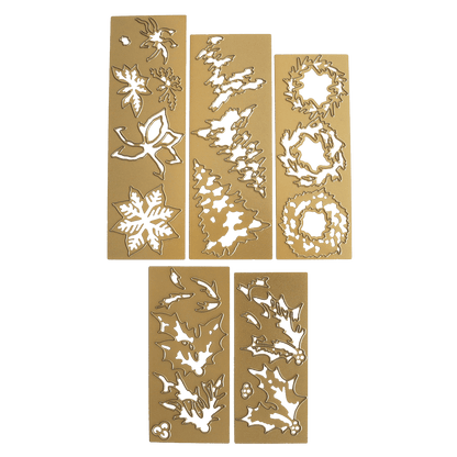 four pieces of gold foil with green and white designs.