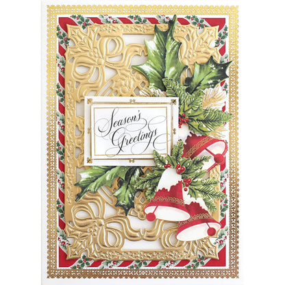 a christmas card with holly and bells.