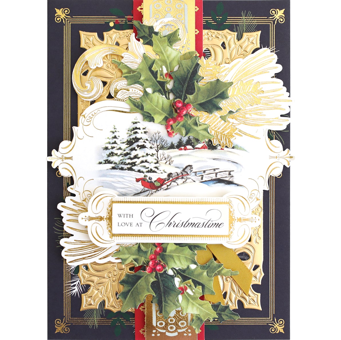 a christmas card with holly, holly, and a red ribbon.