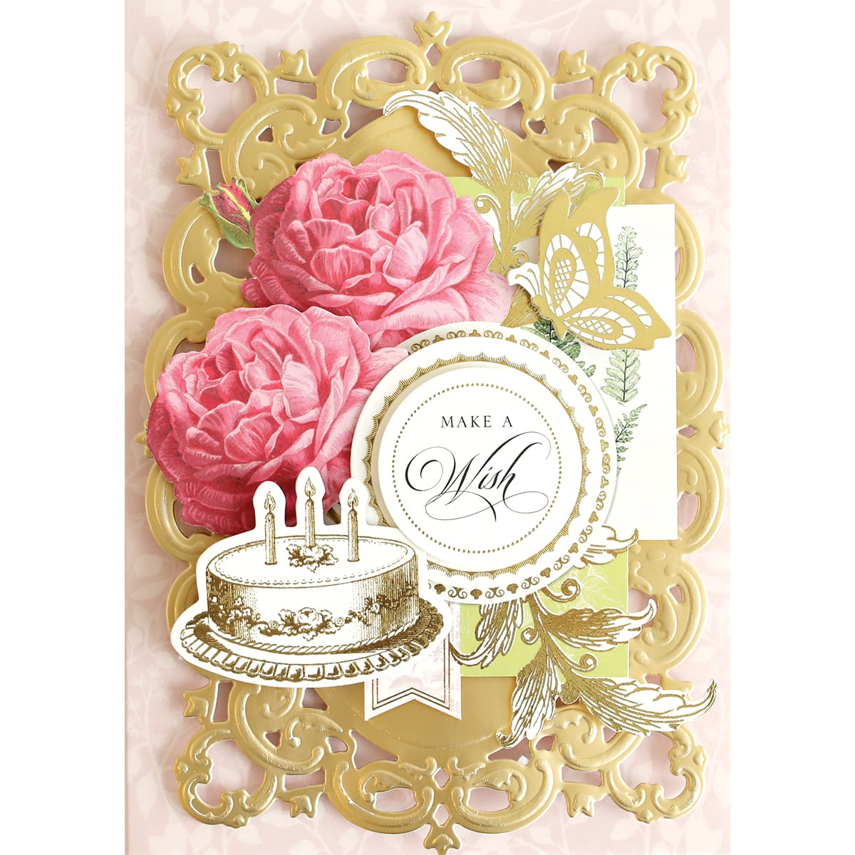 a card with a cake and flowers on it.