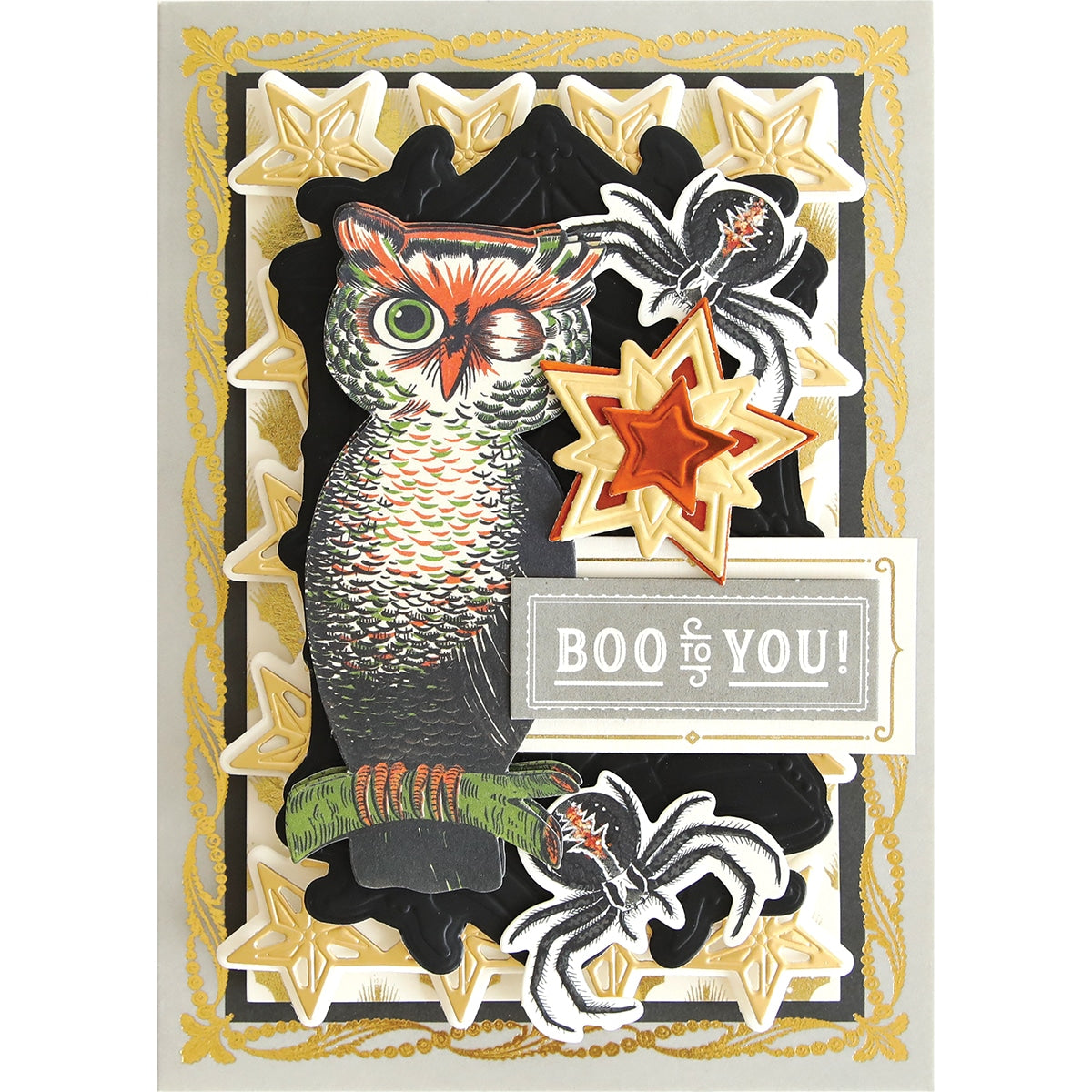 a card with an owl and stars on it.