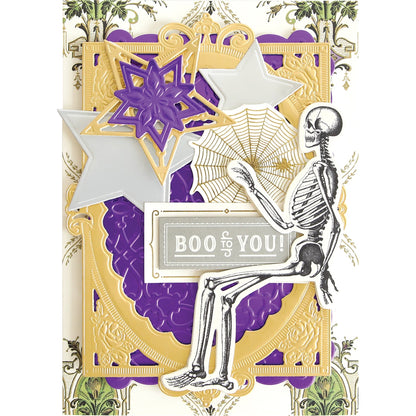 a card with a skeleton holding a star.