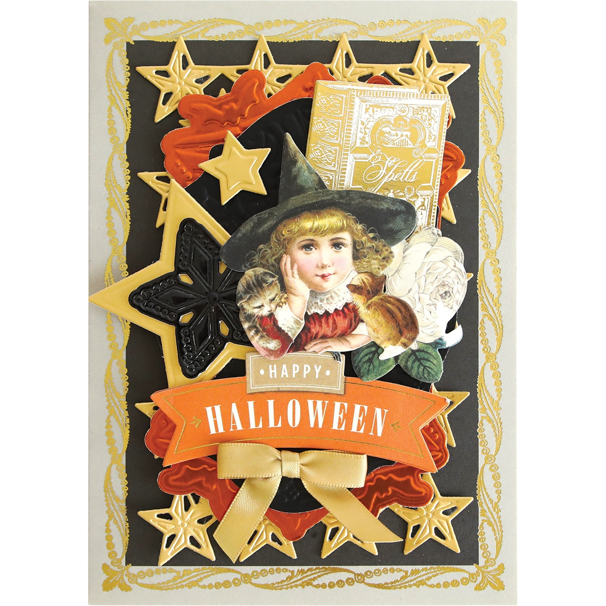 a halloween card with a girl wearing a witches hat.