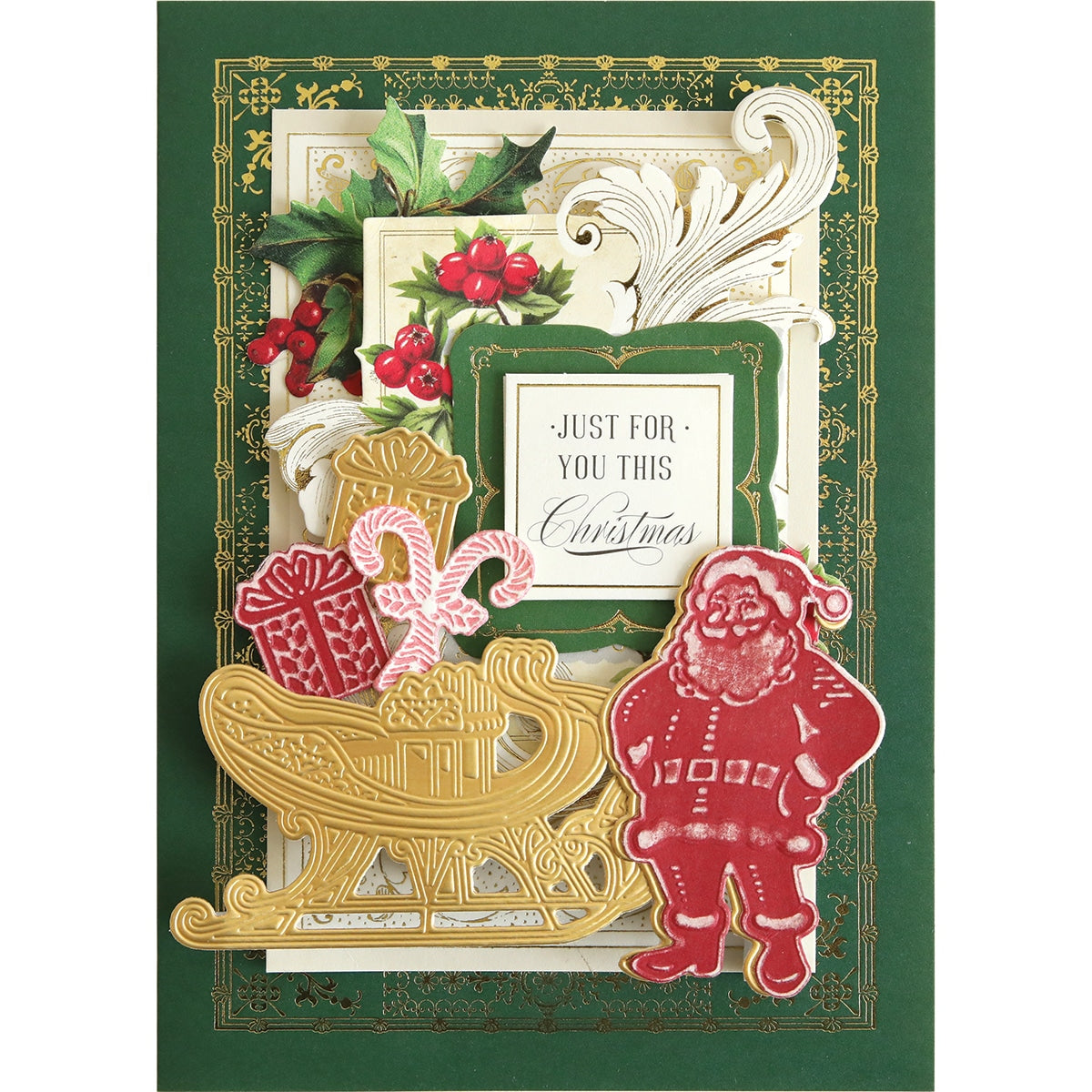a christmas card with a santa and a sleigh.