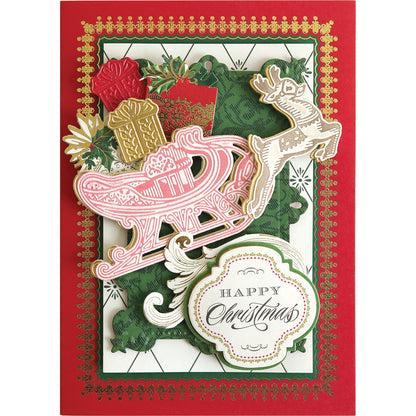 a christmas card with a sleigh and reindeer.
