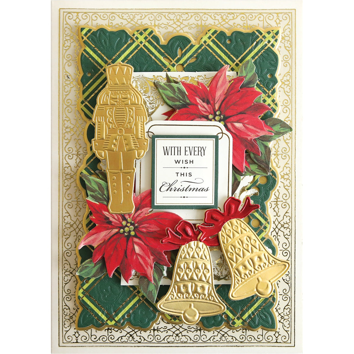 a christmas card with bells and poinsettis.