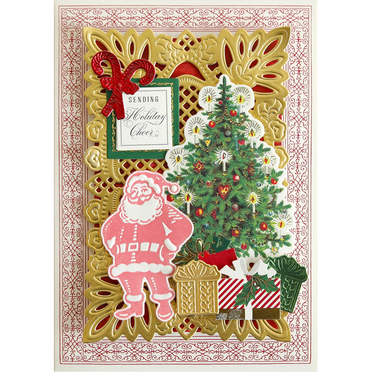 a christmas card with a christmas tree and presents.