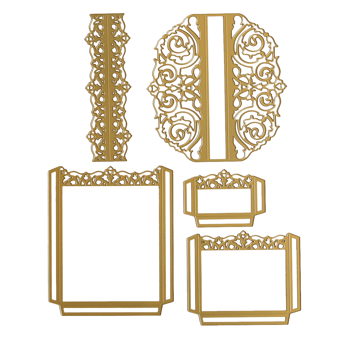 a set of four gold frames with intricate designs.