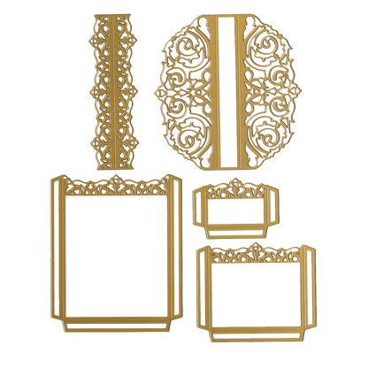 a set of four gold frames with intricate designs.