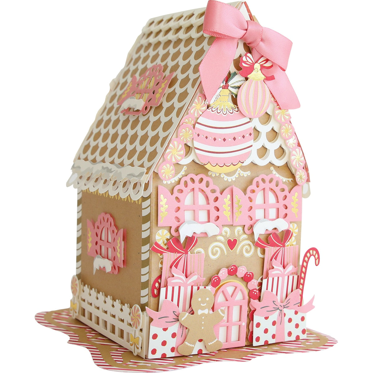 a paper house with a pink bow on top of it.