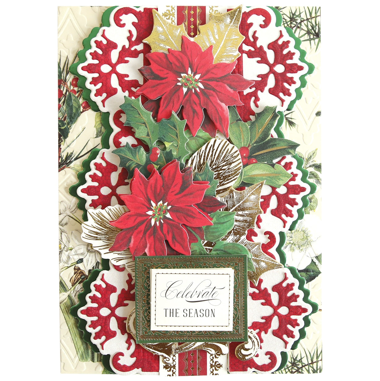 a christmas card with poinsettis and pine cones.