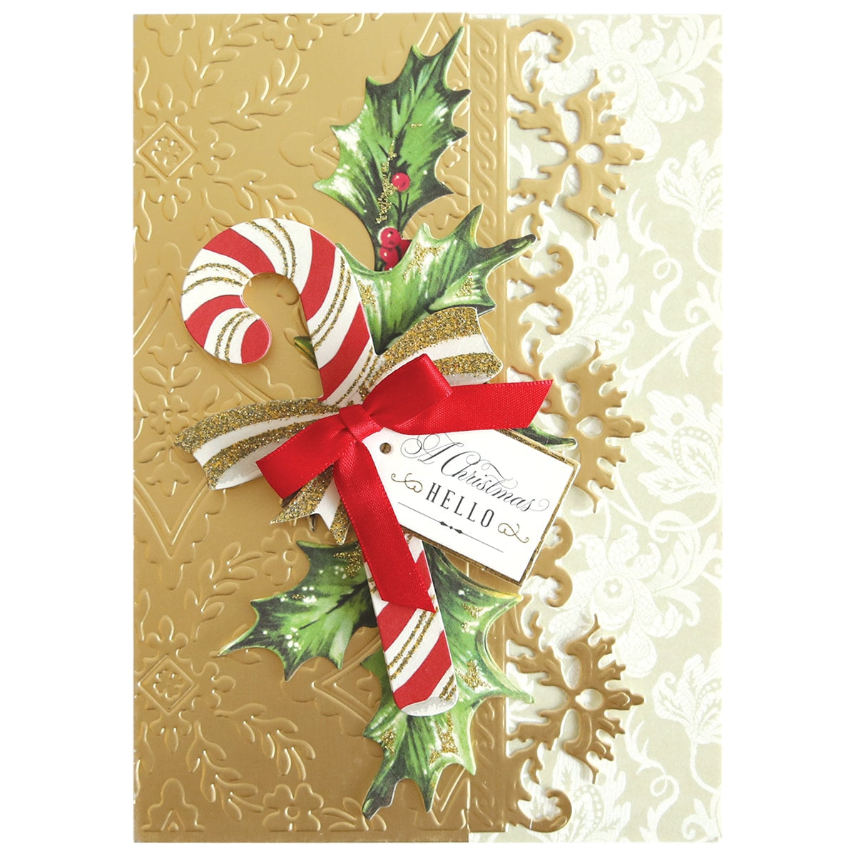 a christmas card with a candy cane and holly.