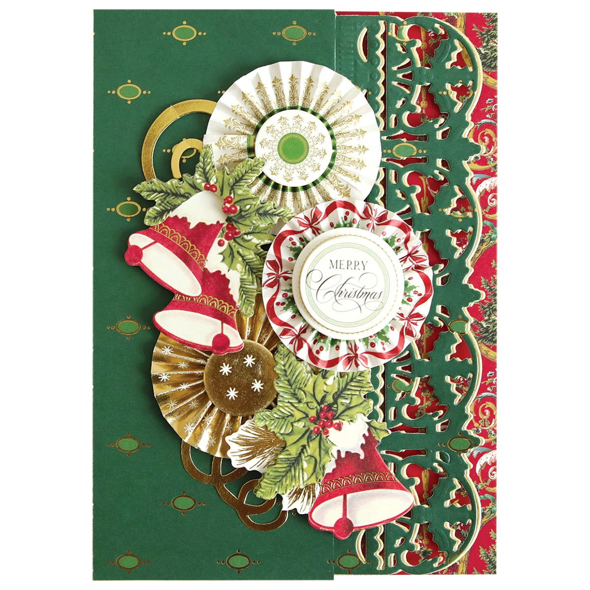 a christmas card with a green and red background.