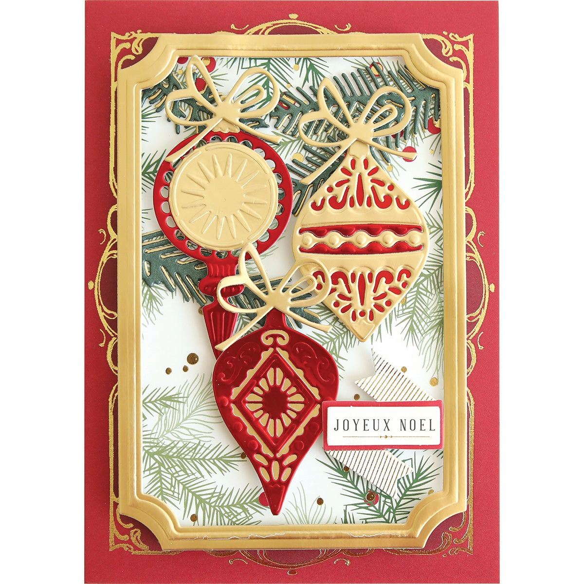 a red and gold christmas card with ornaments.