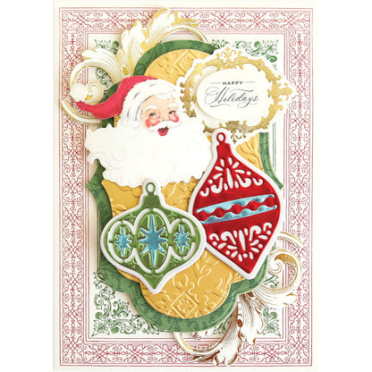 a christmas card with a santa clause and ornaments.
