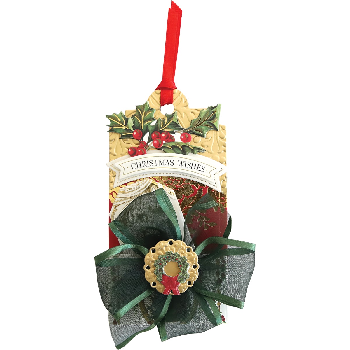 an ornament hanging from a red ribbon.