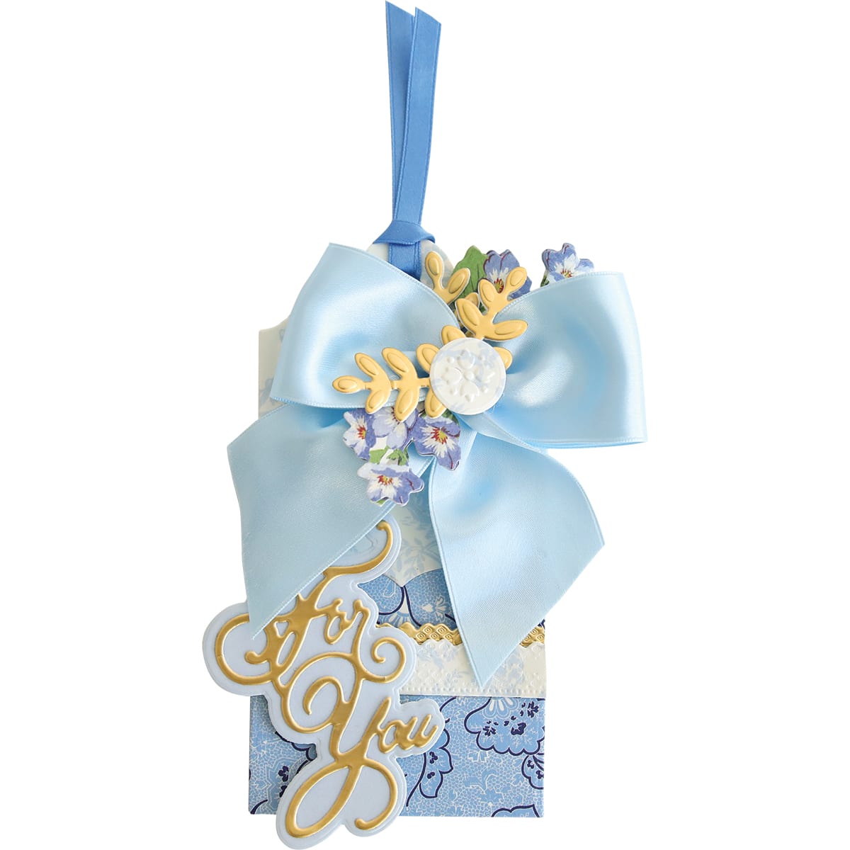a blue and white gift bag with a bow.