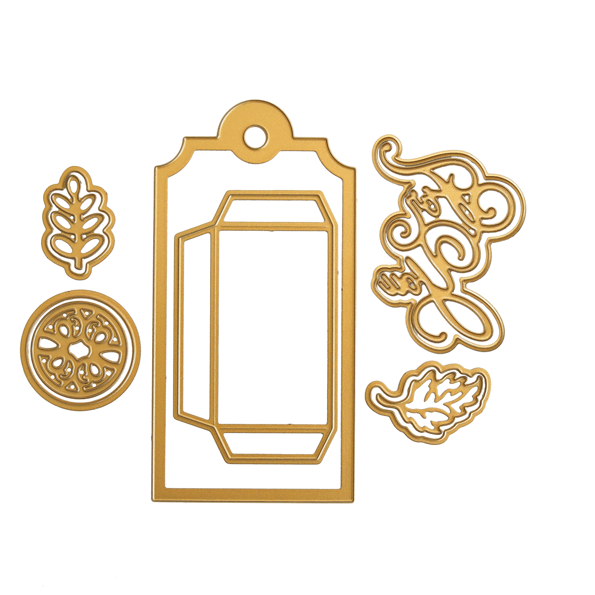 a green background with a gold tag and some decorative items.