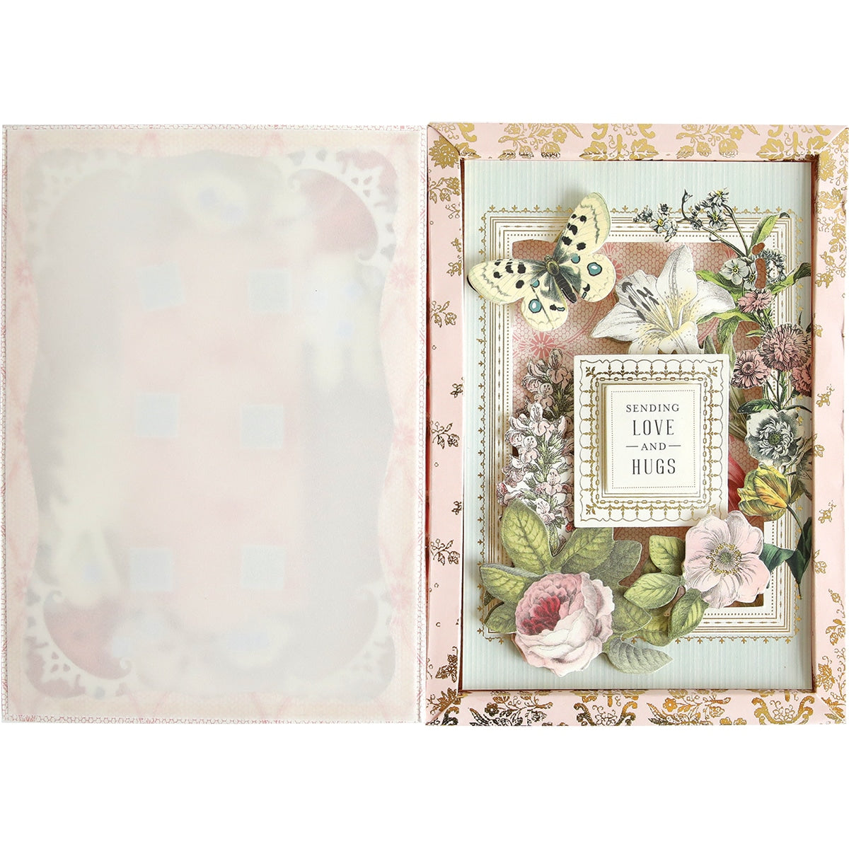 a card with a picture of flowers and butterflies.