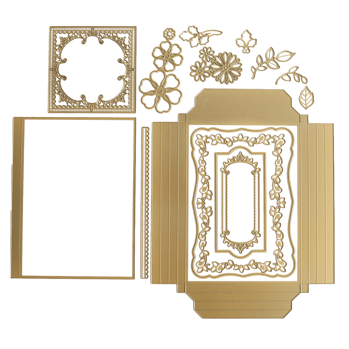 a set of decorative gold frames with a green background.