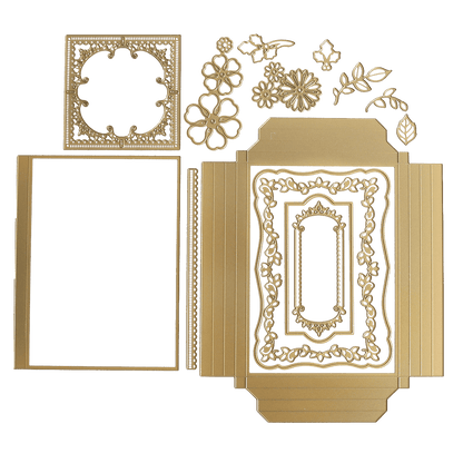 a set of decorative gold frames with a green background.