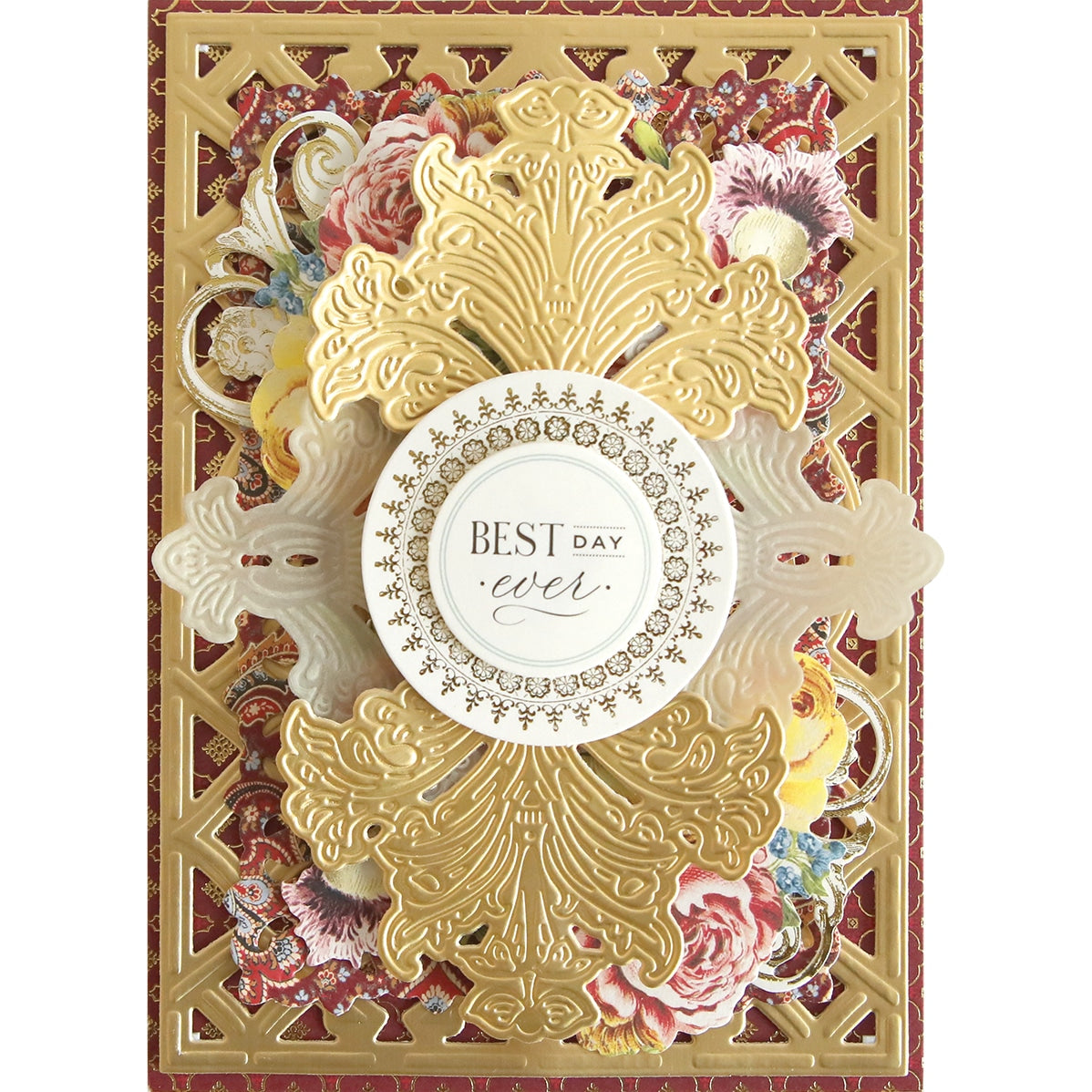 a card with a gold and red design on it.