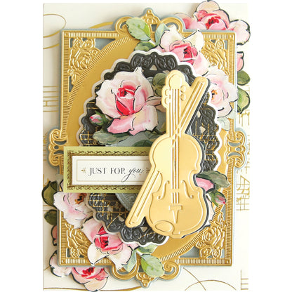 a close up of a card with a violin.