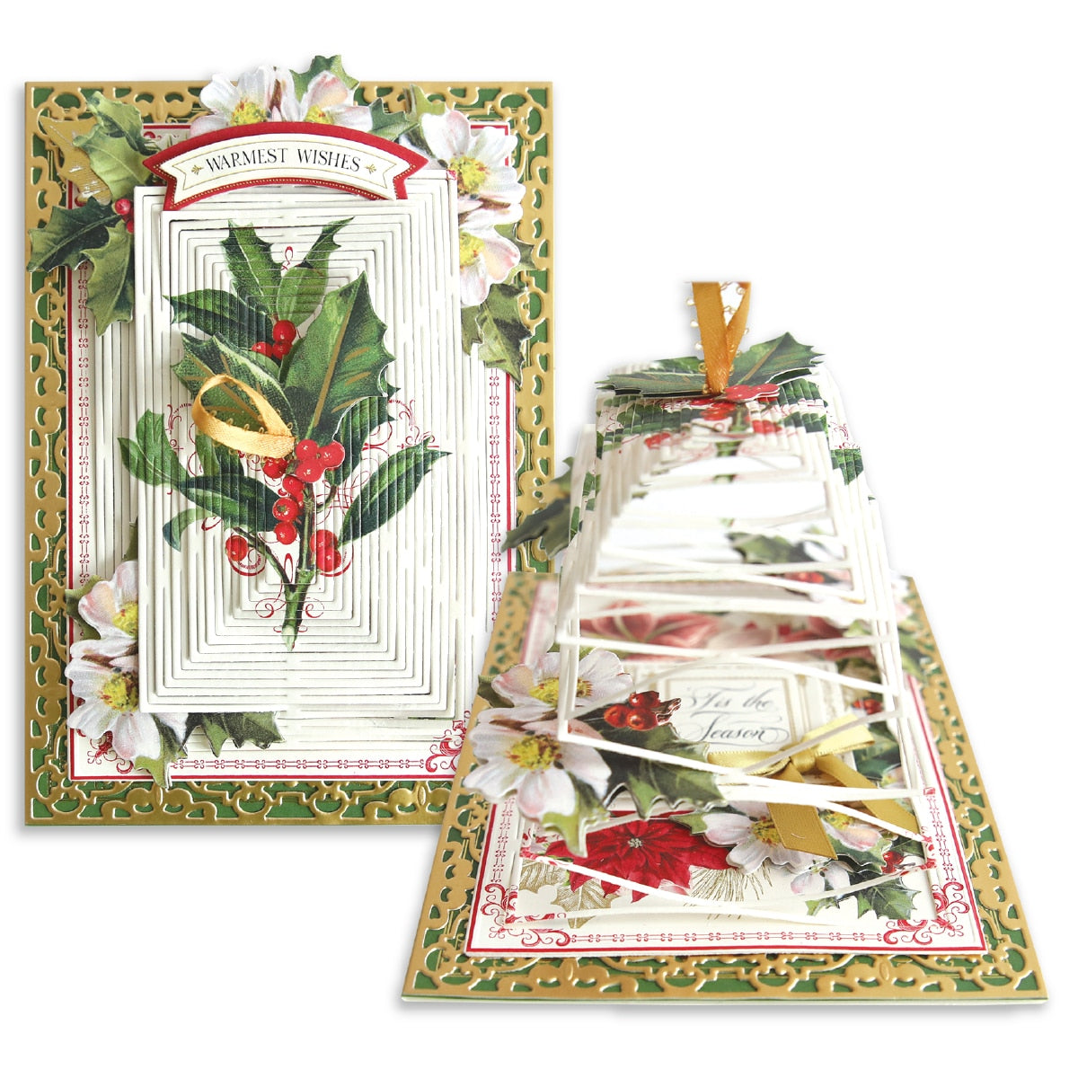 a christmas card with holly and bells on it.