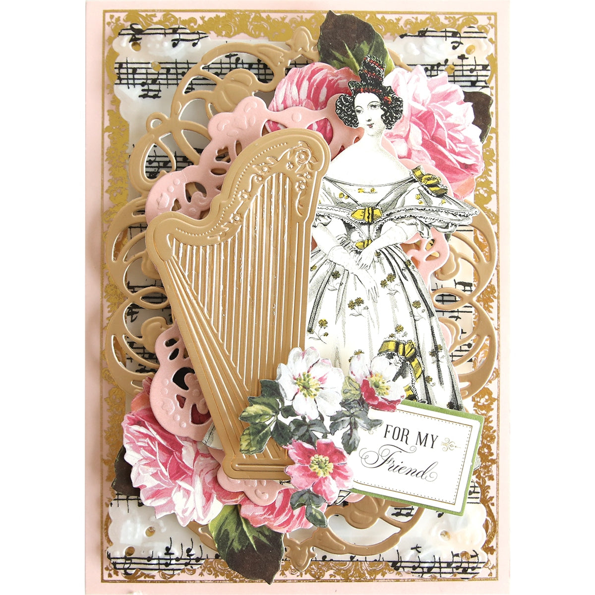 a card with a harp and flowers on it.