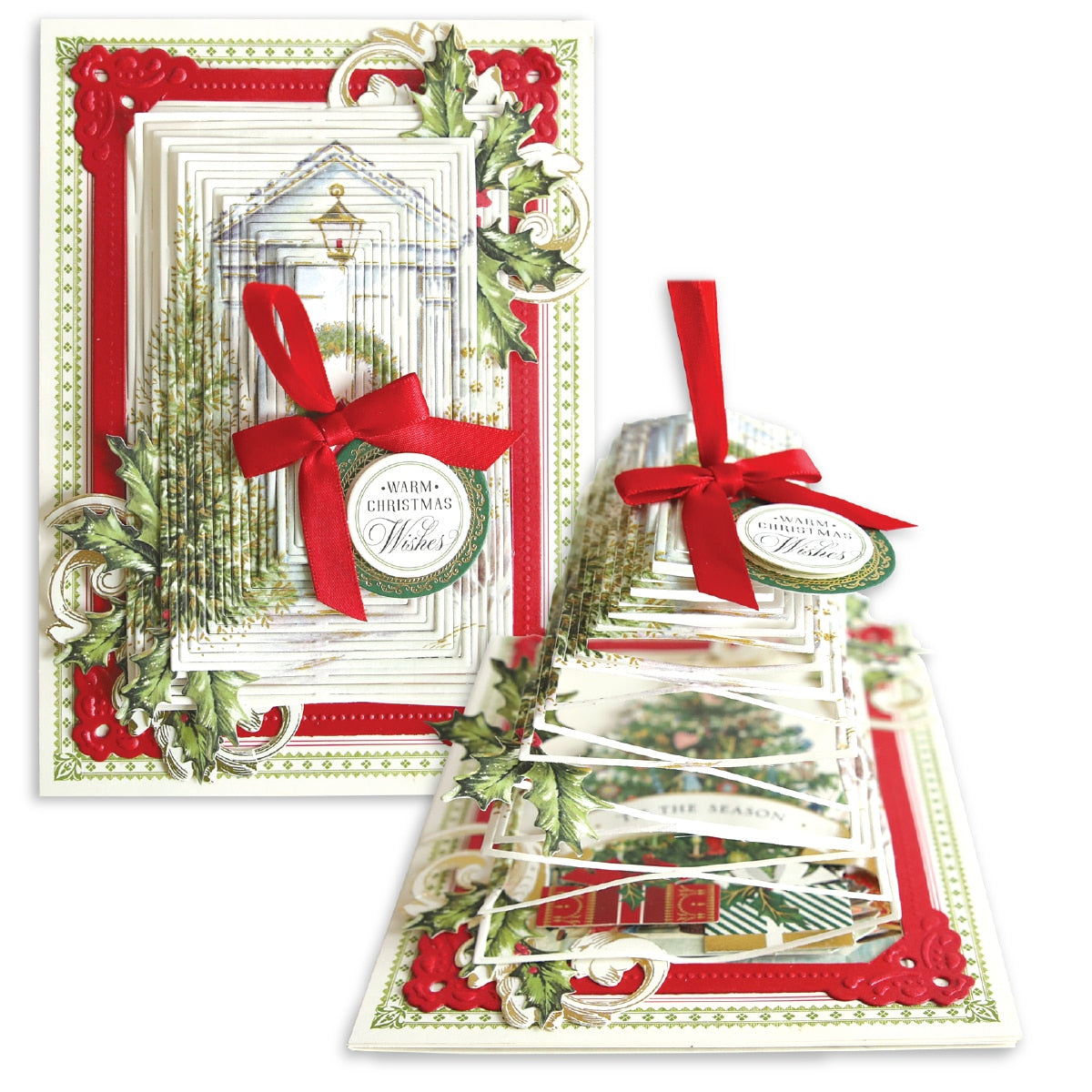 two christmas cards with red bows on them.