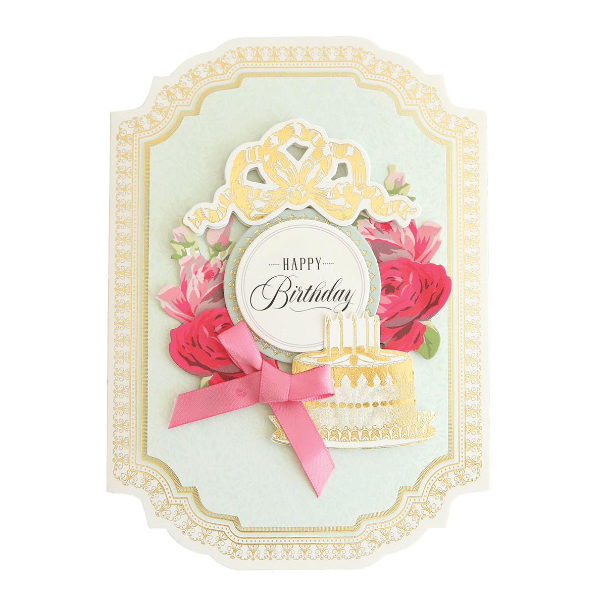 a birthday card with flowers and a cake.