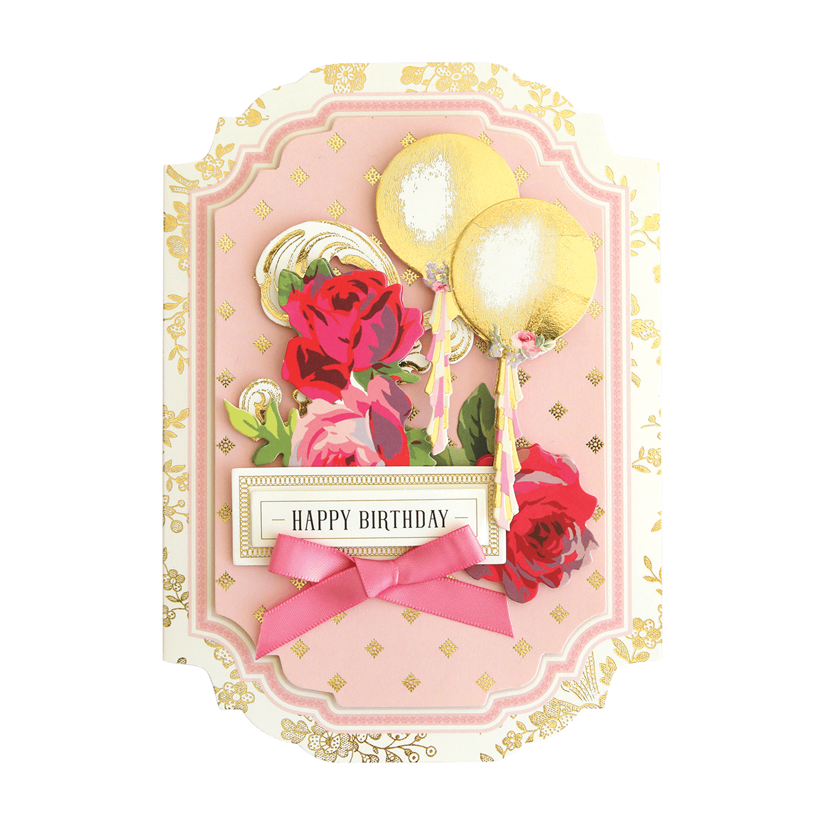 a birthday card with roses and balloons.