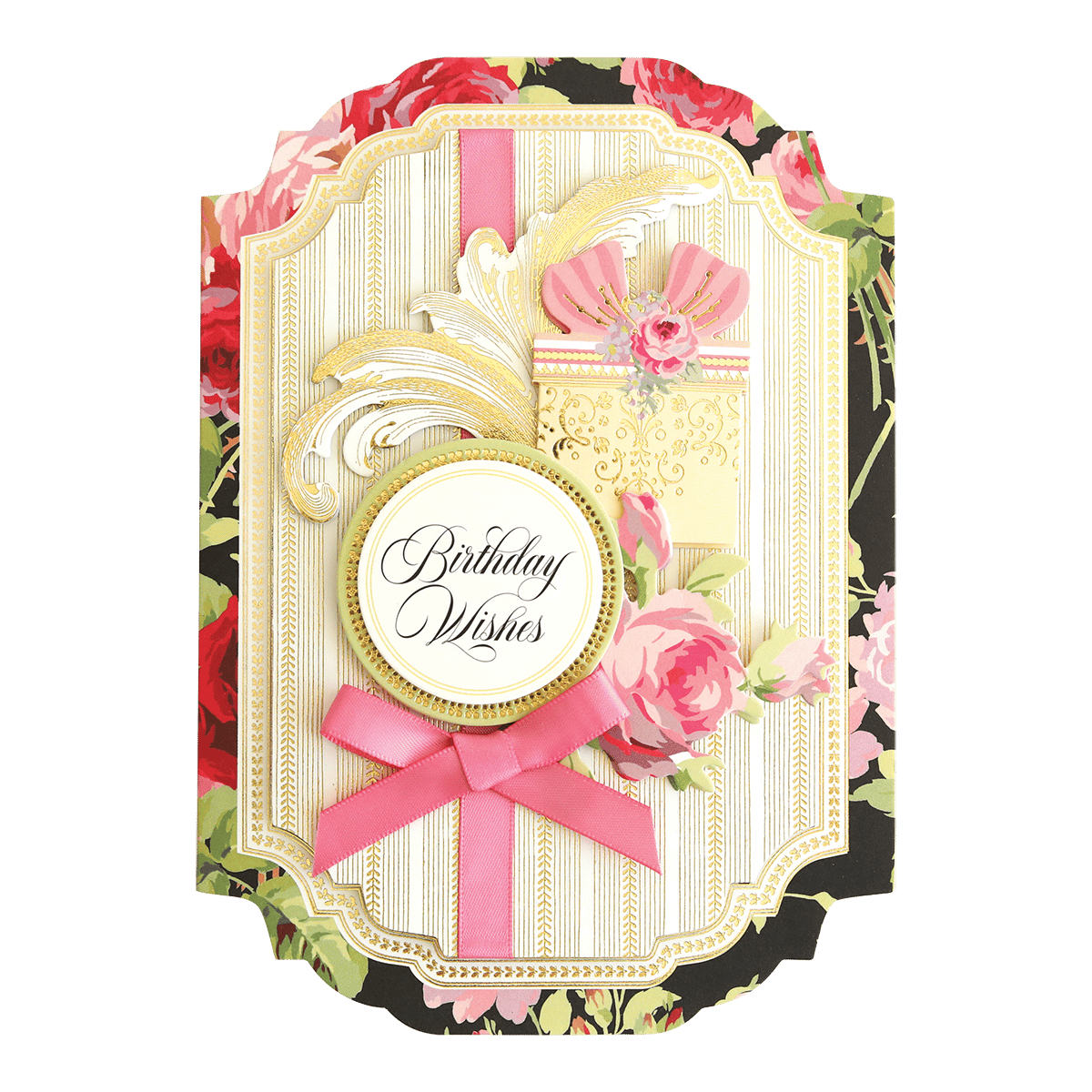 a birthday card with roses and a ribbon.
