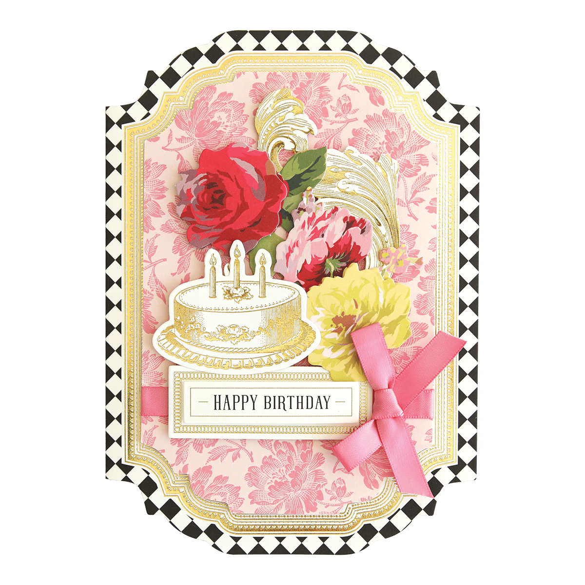 a birthday card with roses and a cake.