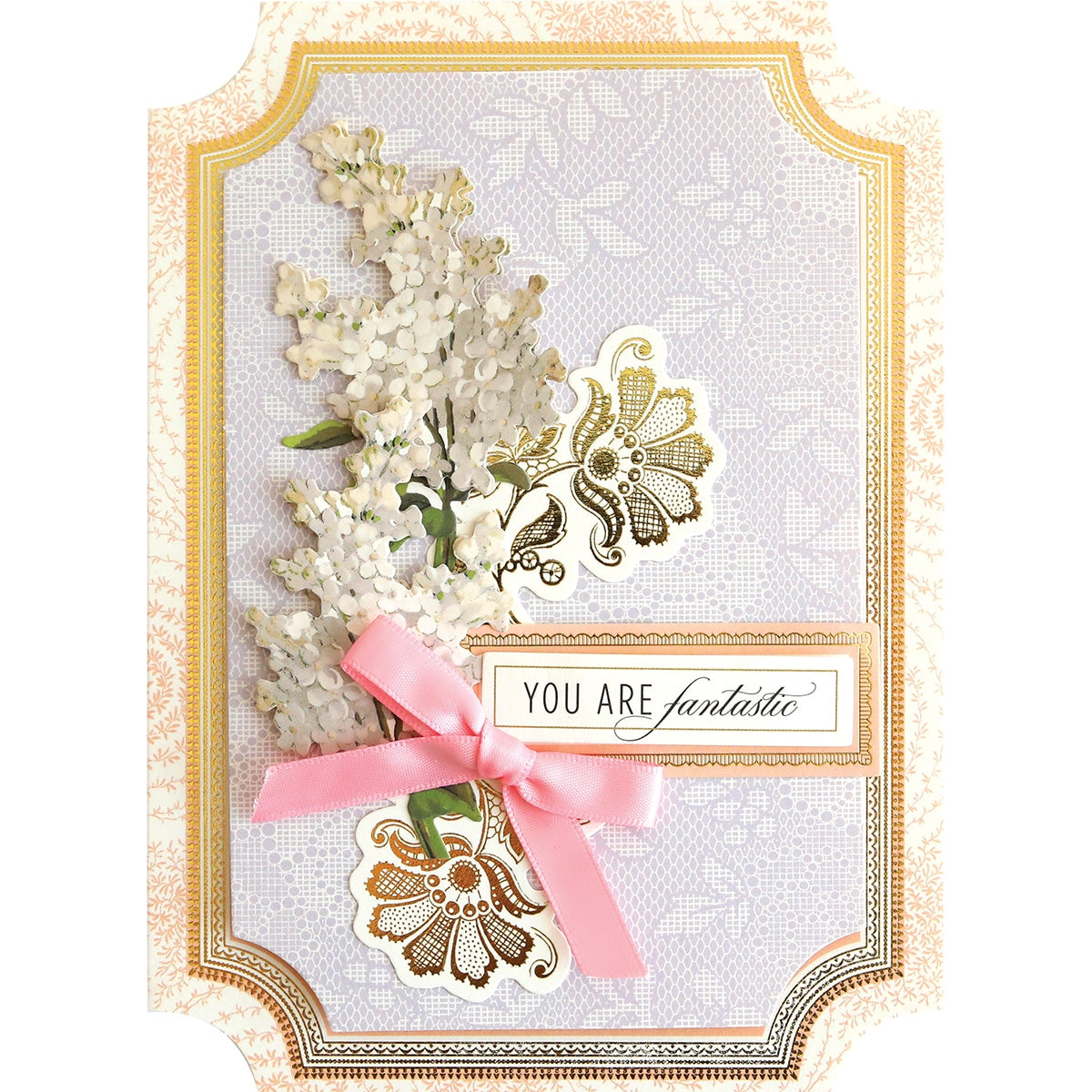 A Simply Friendship Card Making Kit with lilac flowers and a pink ribbon.