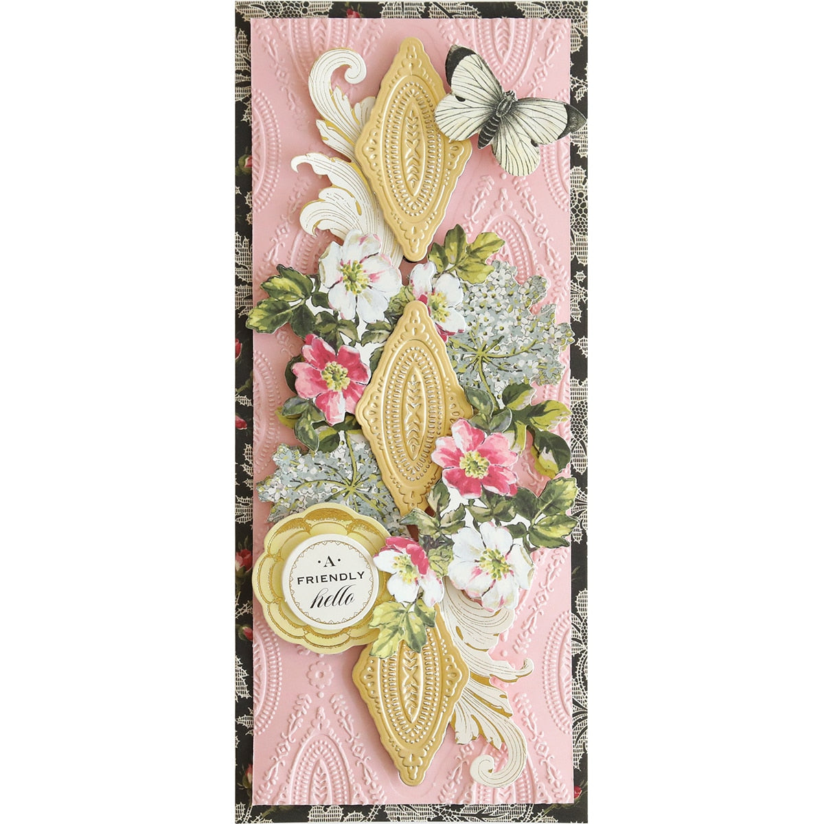 a card with a pink background and gold trim.