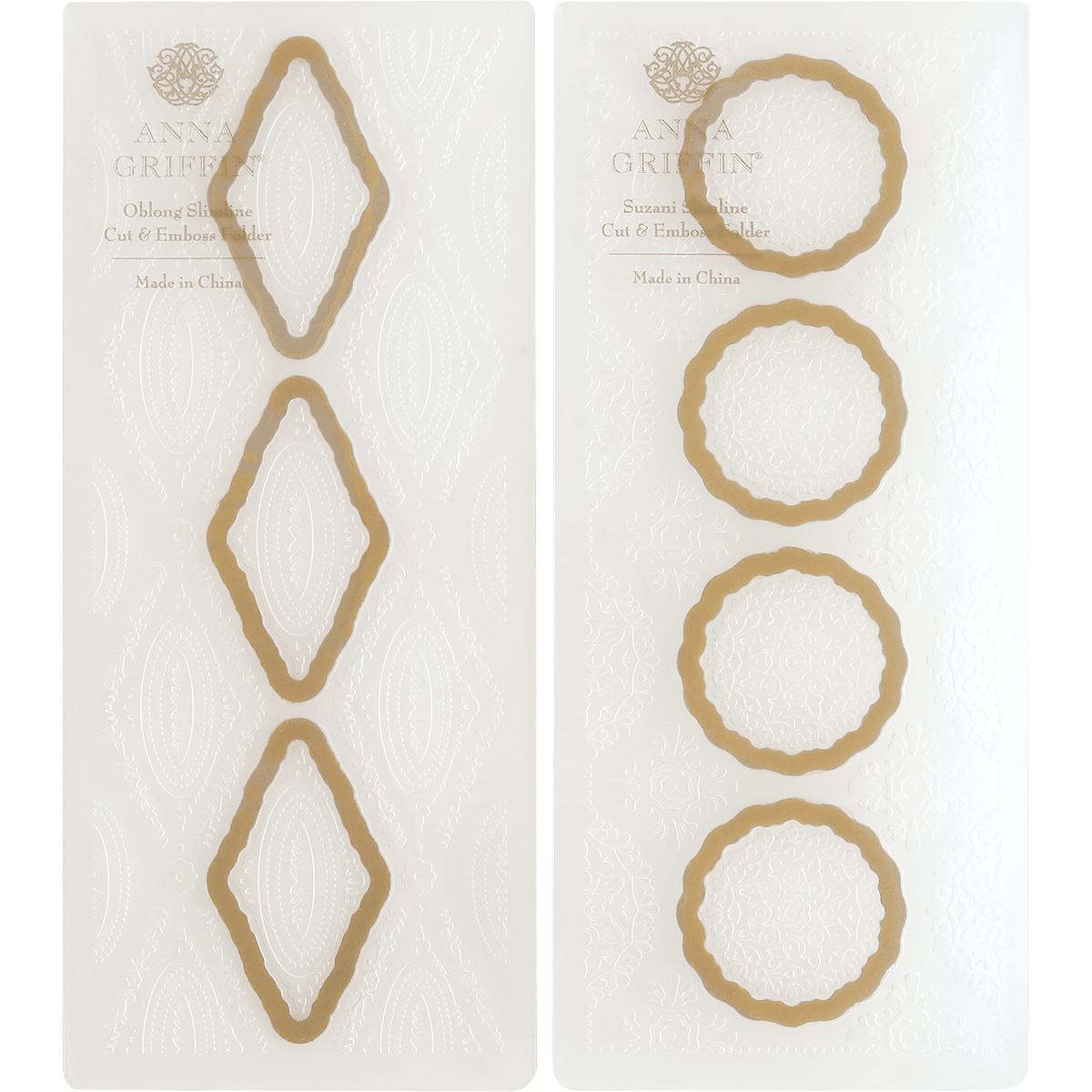 a pair of white and gold paper with circles.