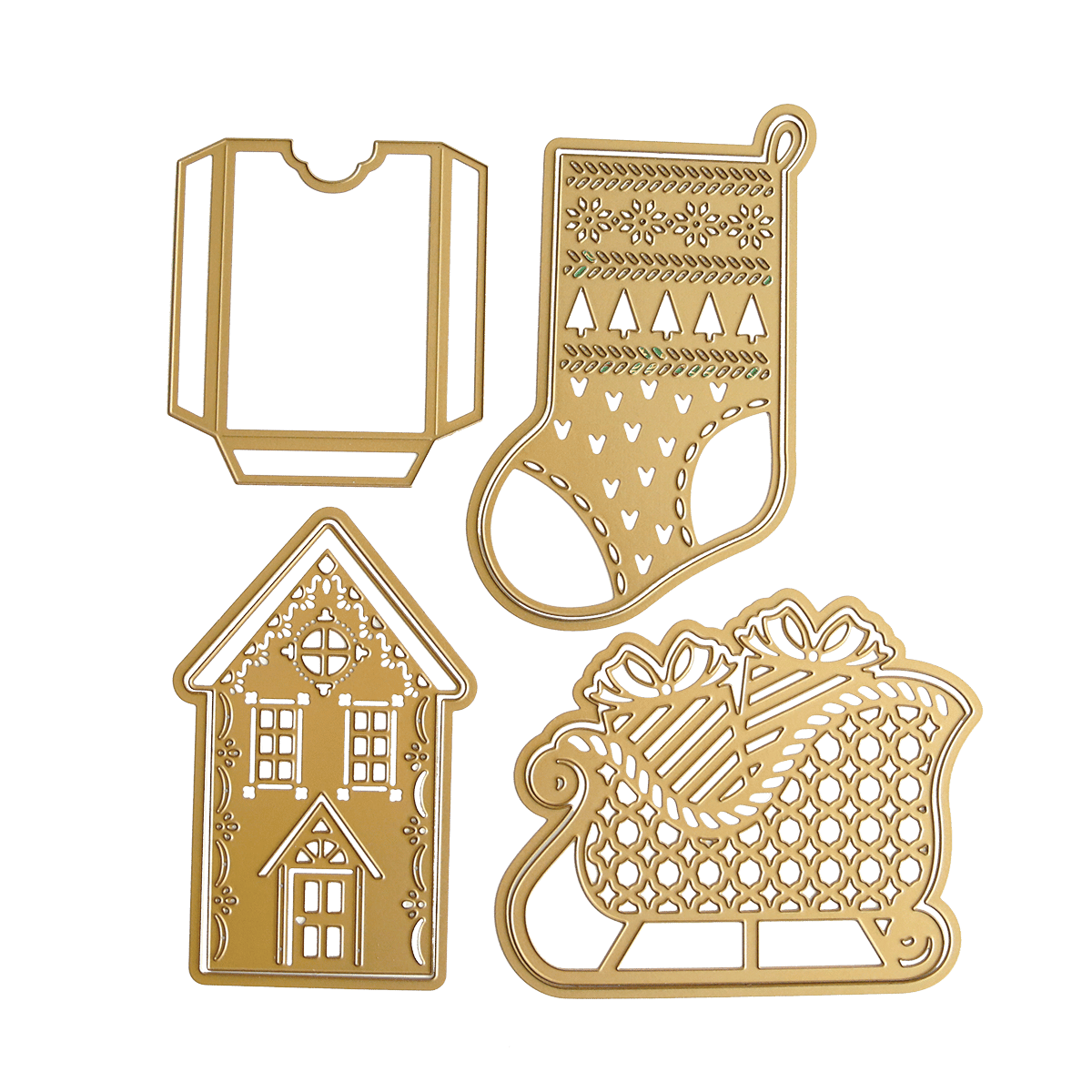 a set of three cut outs of a house, a house, and a sock.