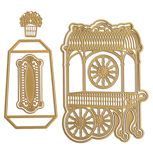 a gold brooch with a horse drawn carriage.