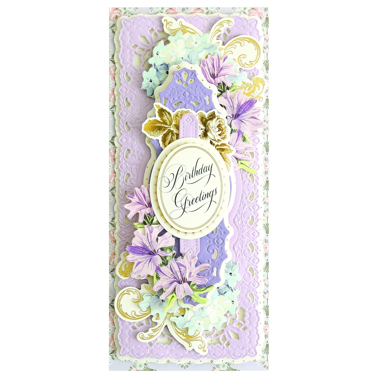 A purple and white card with flowers on it.