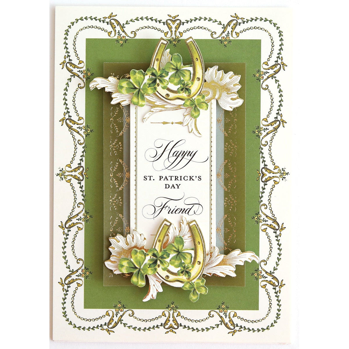 a green and white greeting card with flowers.