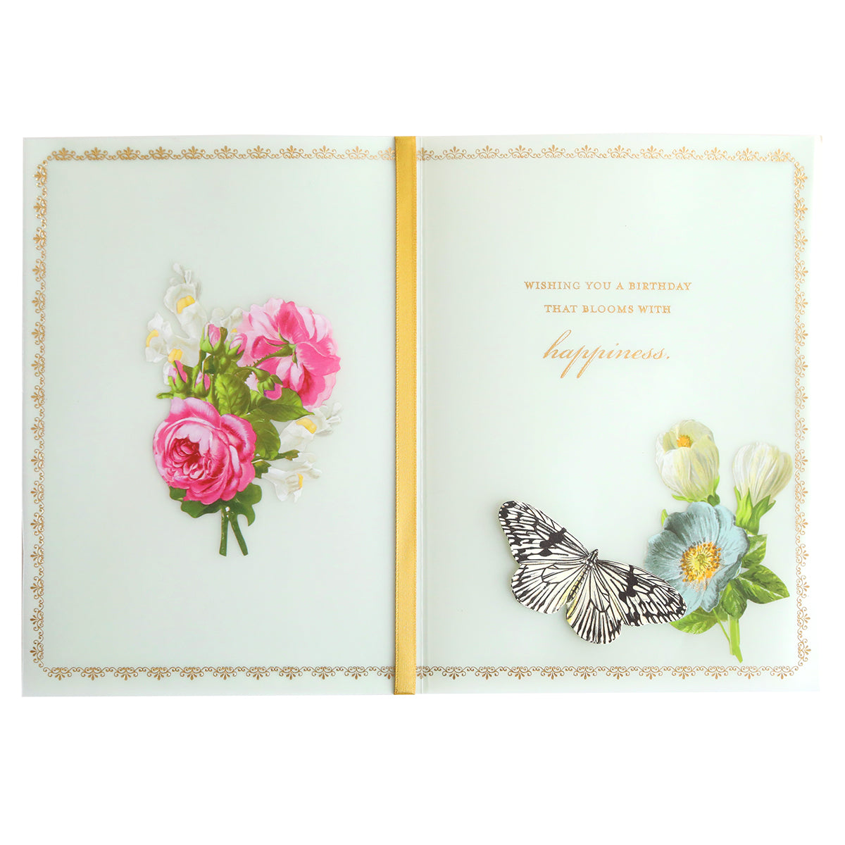 a greeting card with flowers and a butterfly.