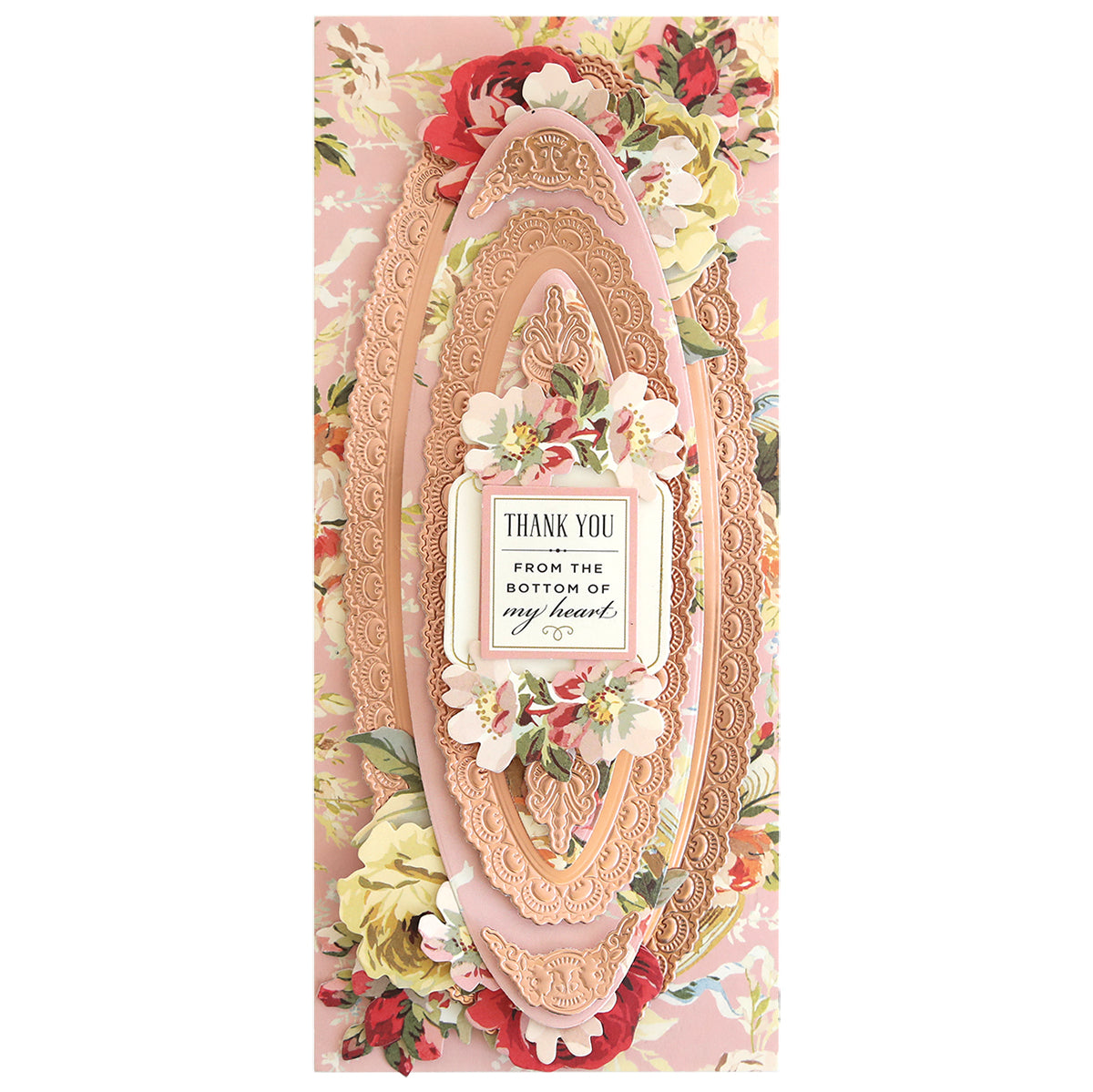 a card with a picture of a oval frame with flowers on it.