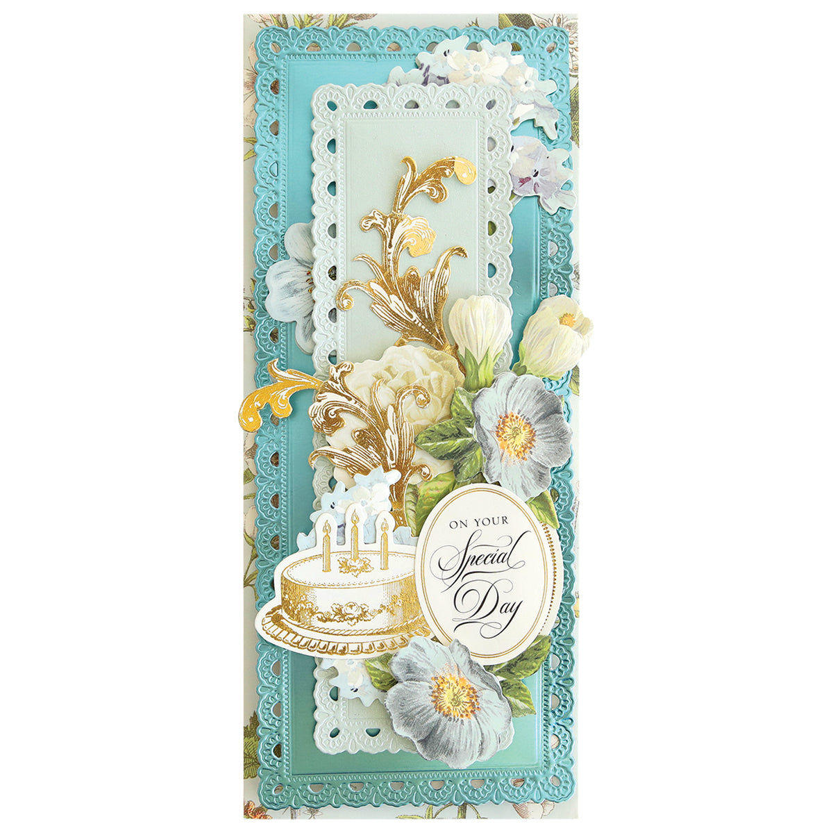 a card with a cake and flowers on it.
