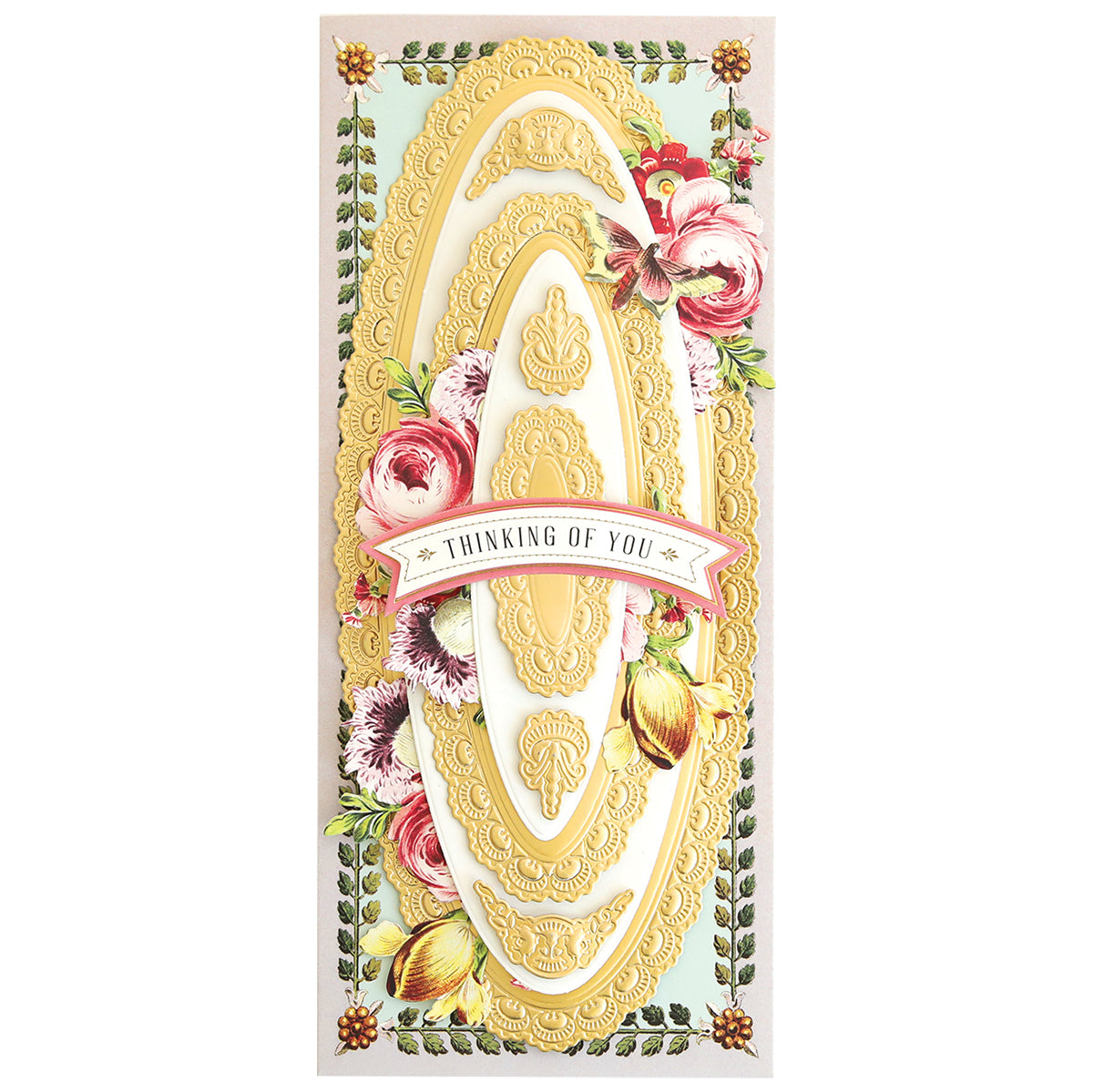 a card with flowers and a ribbon on it.
