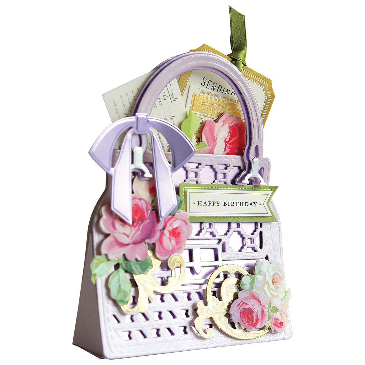 a birthday card holder with flowers and a ribbon.
