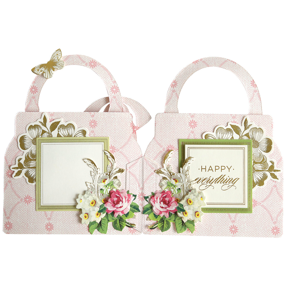 two bags with flowers and a butterfly on them.