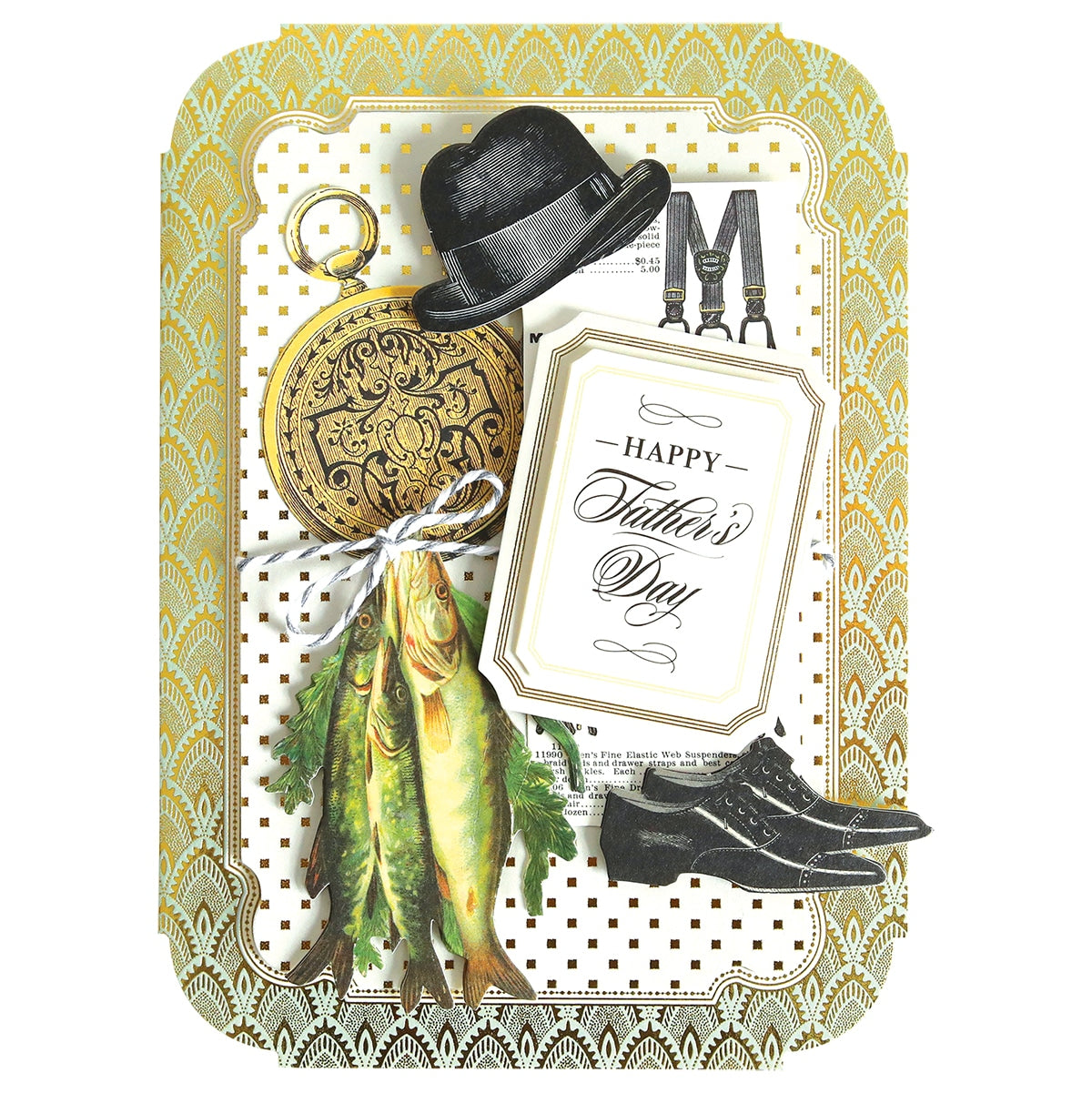 a card with a picture of a hat, fish, and other items.